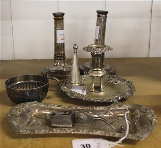 Pair of Old Sheffield plate candlesticks, chamberstick, etc(-)